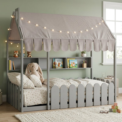 Lit simple en bois massif avec tablettes de rangement, auvent de tente et éclairage à DEL à 3 modes, barrières de sécurité, lit plateforme pour la maison Montessori