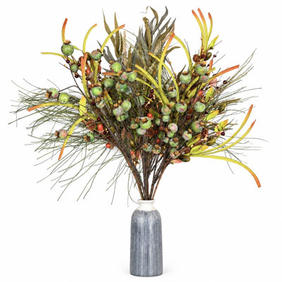 Tiges de feuillage artificiel mélangé 36 po avec gousses de pavot vertes, pommes de pin et baies, branches d'automne rustiques artificielles pour arrangement de vase