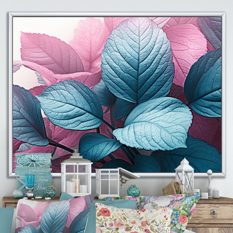 Feuille de splendeur rose turquoise sur toile, H 34 po x l 44 po x P 1,5 po, Cadre flottant blanc