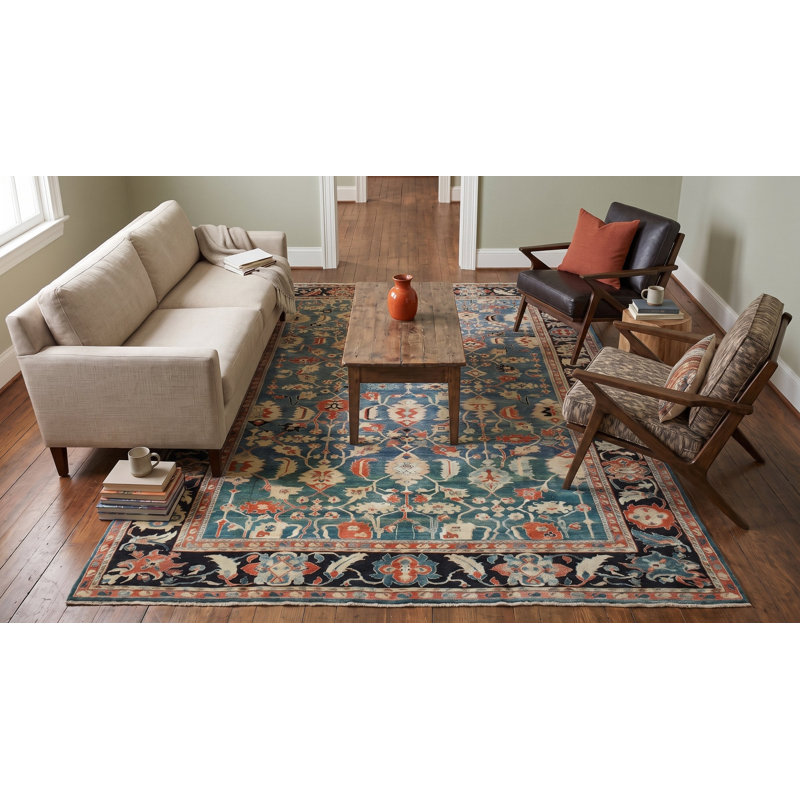 Tapis géométrique traditionnel raffiné en laine noué à la main noir, rouille et vert