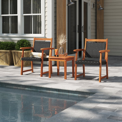 Longtan 3pcs Patio Acacia Wood Rattan Bistro Set Outdoor Conversation Furniture Set by Sand & Stable
