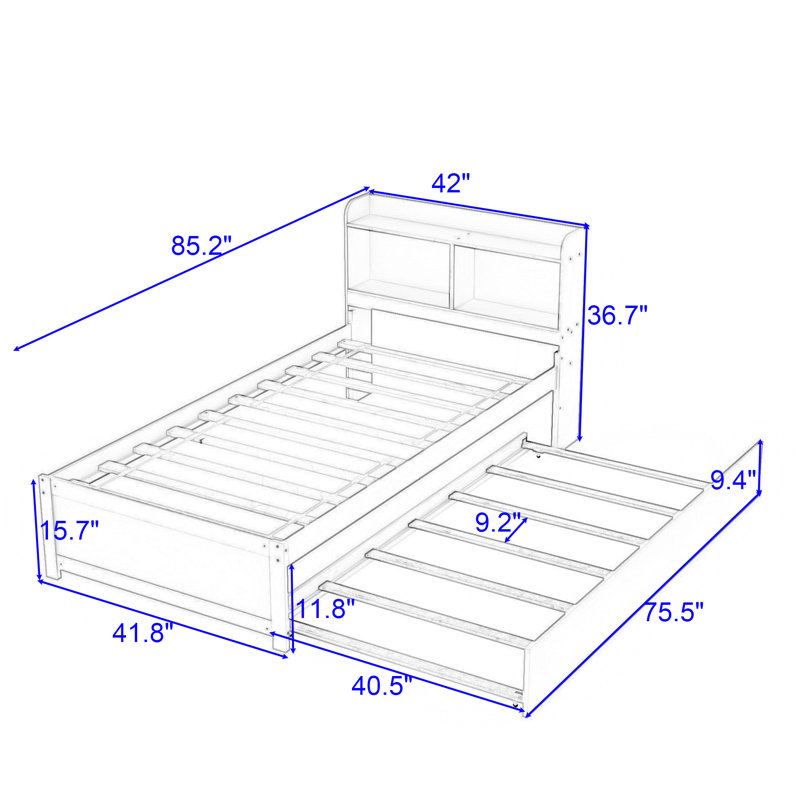 Wood Platform Bed with Trundle and Bookcase, Twin, White