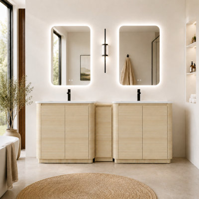 84'' Freestanding Bathroom Vanity With White Ceramic Sink, And 1-Small Storage Cabinet, Soft-Close Door, American White Oak, Plywood (Kd-Packing)-36" X2+12"