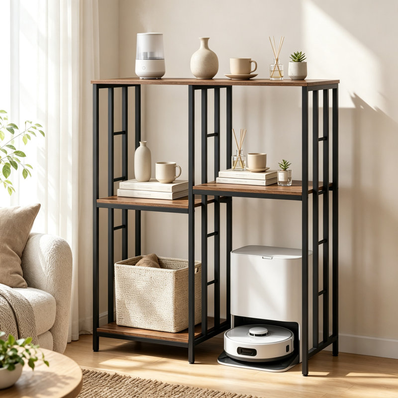 Industrial 4-Tier Baker's Rack, Freestanding Coffee Bar & Microwave Stand with Reversible Shelves and Metal Frame, Versatile Utility Storage Shelf for Kitchen, Dining and Living Room