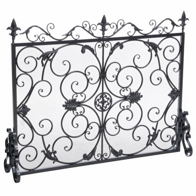 Pare-feu de foyer 113,7 cm L x 24,8 cm P x 87,6 cm H, en fer forgé noir et argent, protection de foyer autoportante pour salon intérieur