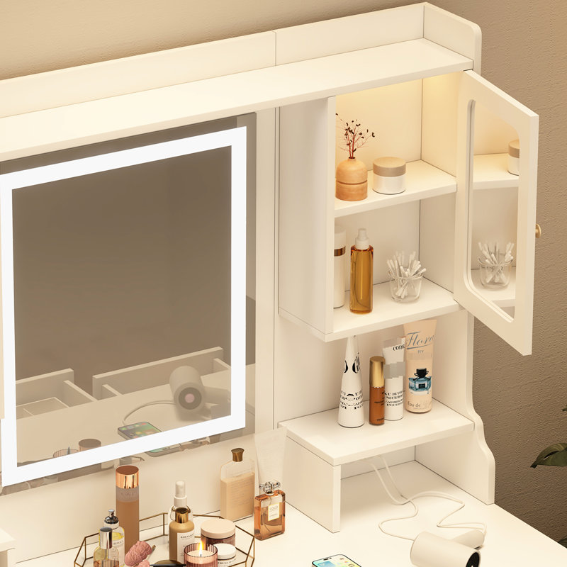 Grand bureau de meuble-lavabo avec grand miroir, 6 tiroirs et tablettes, idéal pour les bureaux de maquillage, tiroirs de chambre à coucher, 2 portes, miroir simple à assembler