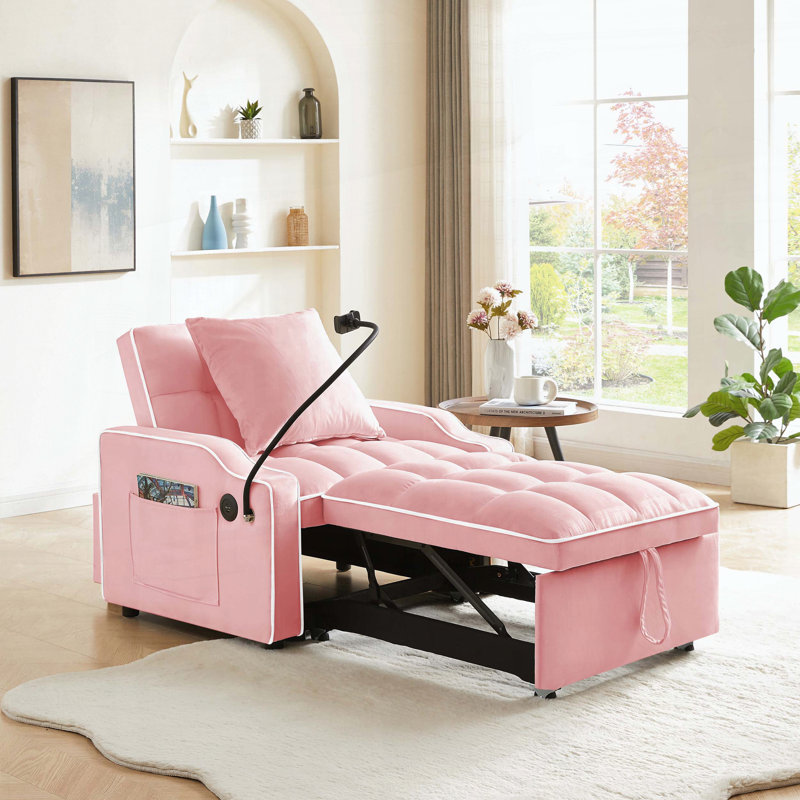 Canapé convertible 3 en 1 avec dossier réglable, support pour téléphone et port USB, Rose