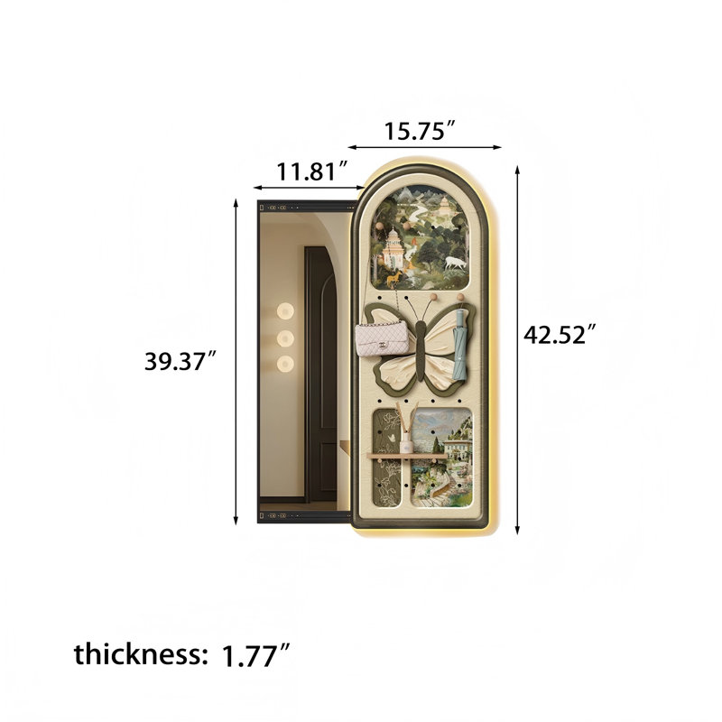 Modern Retractable Pegboard Dressing Mirror with Concealment Feature, 42.52" x 27.56"