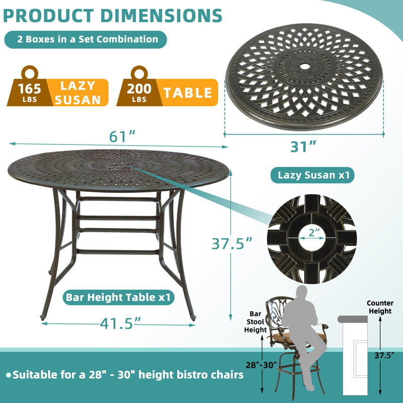  61" Patio Round Height Bar Table, All-Weather Cast Aluminum High Top Dining Table With 31" Lazy Susan & Umbrella Hole For Outdoor Balcony, Porch And Deck, Fits For 6-8 Person, Dark Bronze