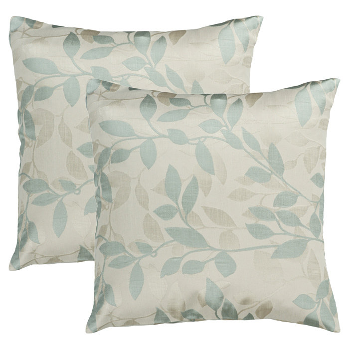18" Aqua and Dark Green Embroidered Polyester Pillow