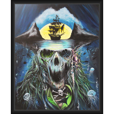 «ACHETER DE L'ART POUR MOINS», œuvre originale encadrée de pirate mystique et de bateau par Ed Capeau - 18 x 24 po - Cadre en bois d'ingénierie avec verre plexi - prêt à être accroché