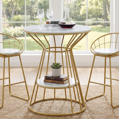 Table de bar ronde 31,5 po avec structure en métal doré, table bistro à 2 niveaux en faux marbre, table de bistro élégante pour la cuisine, la salle à manger et les petits espaces