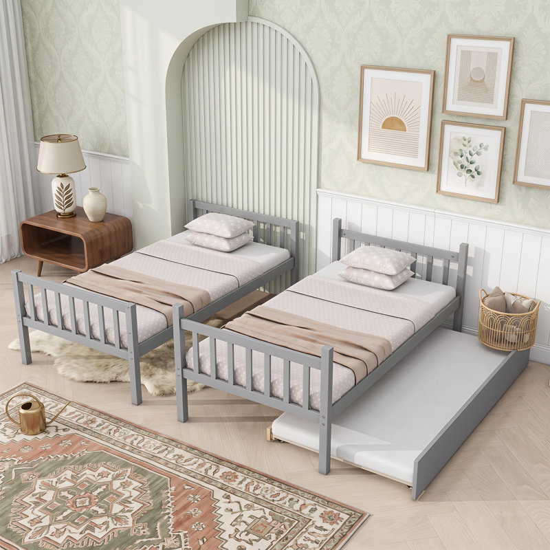 Lits simples superposés en bois d'hévéa avec lit gigogne, lits simples convertibles avec échelle et garde-corps, Gris