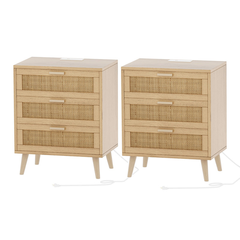 Caityln 2 Pack Nightstand with 3 Drawers, Boho  Nightstand  with Power Outlets, Natural