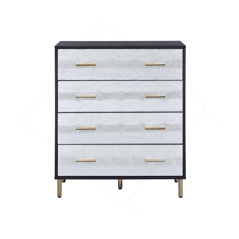 Commode Glam, coffre texturé argenté avec poignées dorées