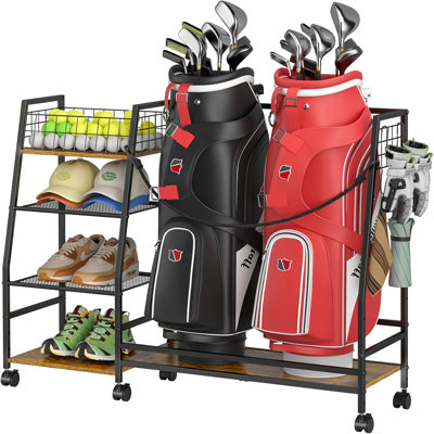 Support de rangement pour sac de golf avec roues, organisateur pour 2 sacs de golf et accessoires d'équipement, support pour organisateur de golf, idéal pour la maison, le garage, le club, la remise, le sous-sol - robuste et durable (noir)