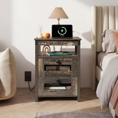Gracie Oaks 23.7'' Tall Wood Nightstand with 2 Drawers and Charging, Rustic Night Stand with USB & AC Outlets, Narrow Bedside Table with Open Storage, Farmhouse Couch Table for Living Room, Bedroom