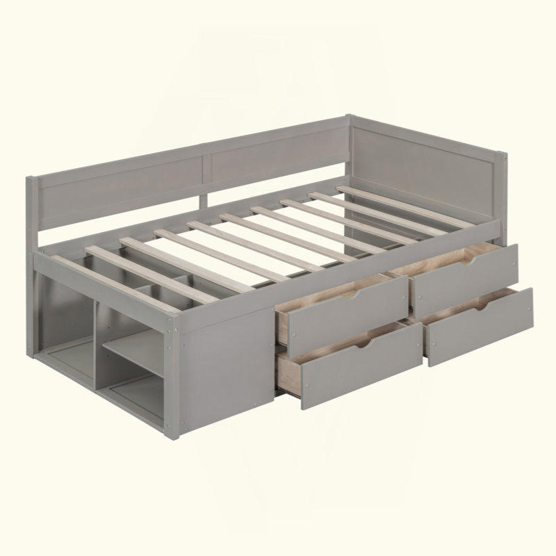 Daybed With Drawers And Shelves, Gray, Twin