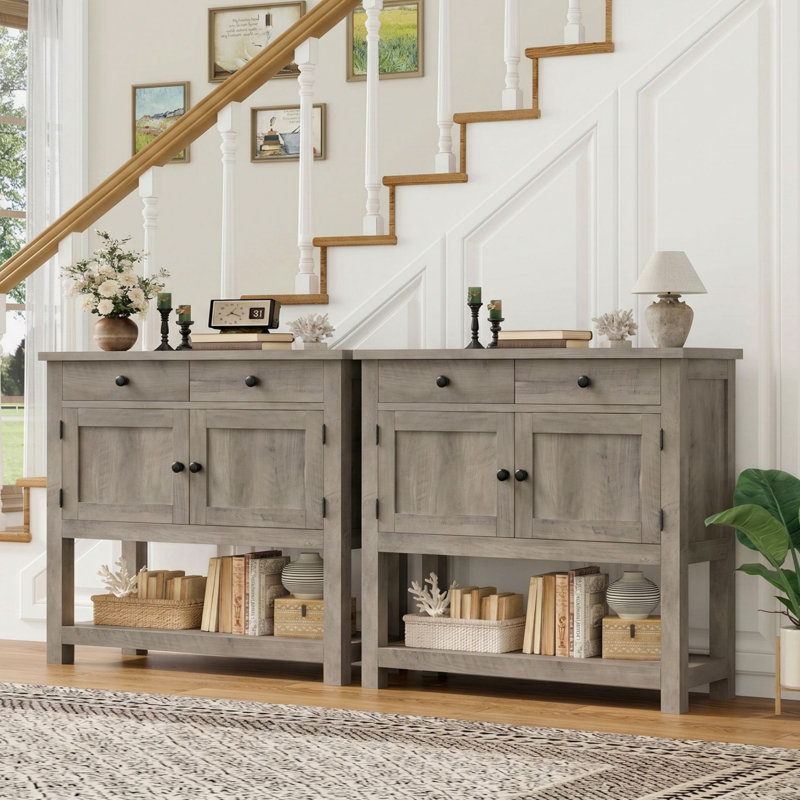 Console 35,4 po avec tiroirs et armoire, Gris délavé