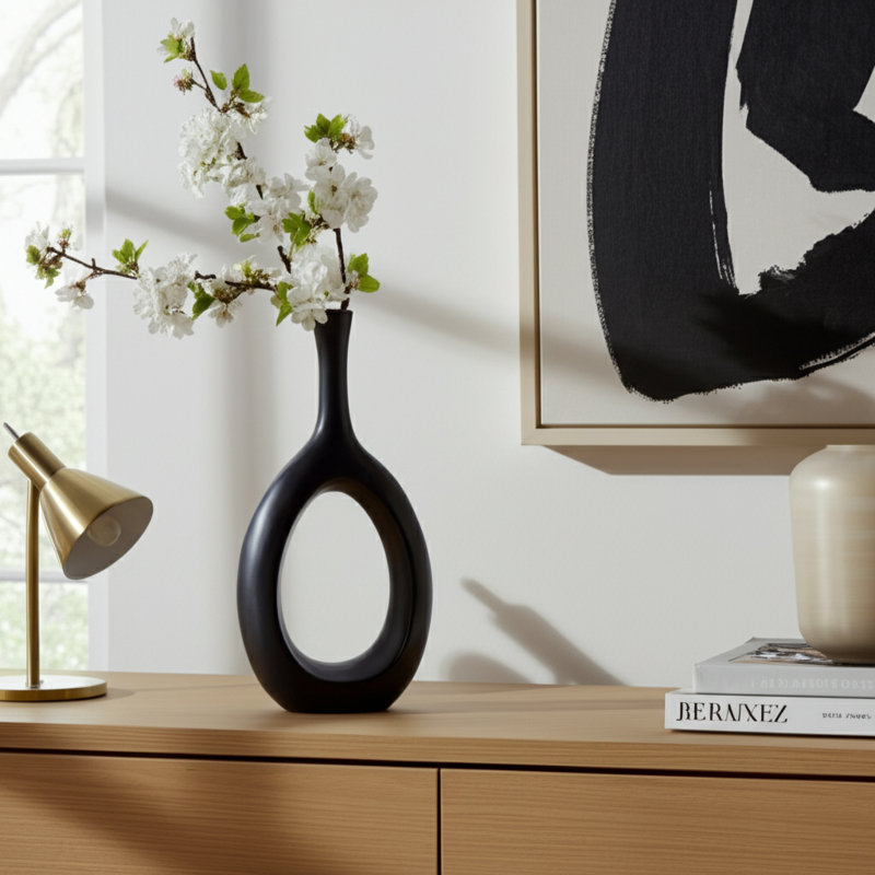 Modern Ceramic Abstract Table Vase for Home Decor - Sculptural Open Cut Out Flower Vase for Entryway, Living Room, or Bedroom - Black