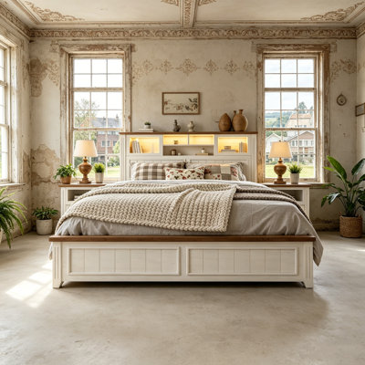 Queen Size Farmhouse Storage Platform Bed with LED Light, Hidden Storage Headboard & 4 Drawers, Antiique White