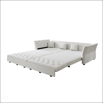 100 Oversize Pull Out Sofa Bed, Convertible Sleeper with Handmade Fabric Flower Tufted Design, Multi-Functional Velvet Loveseat for Living Room and Bedroom