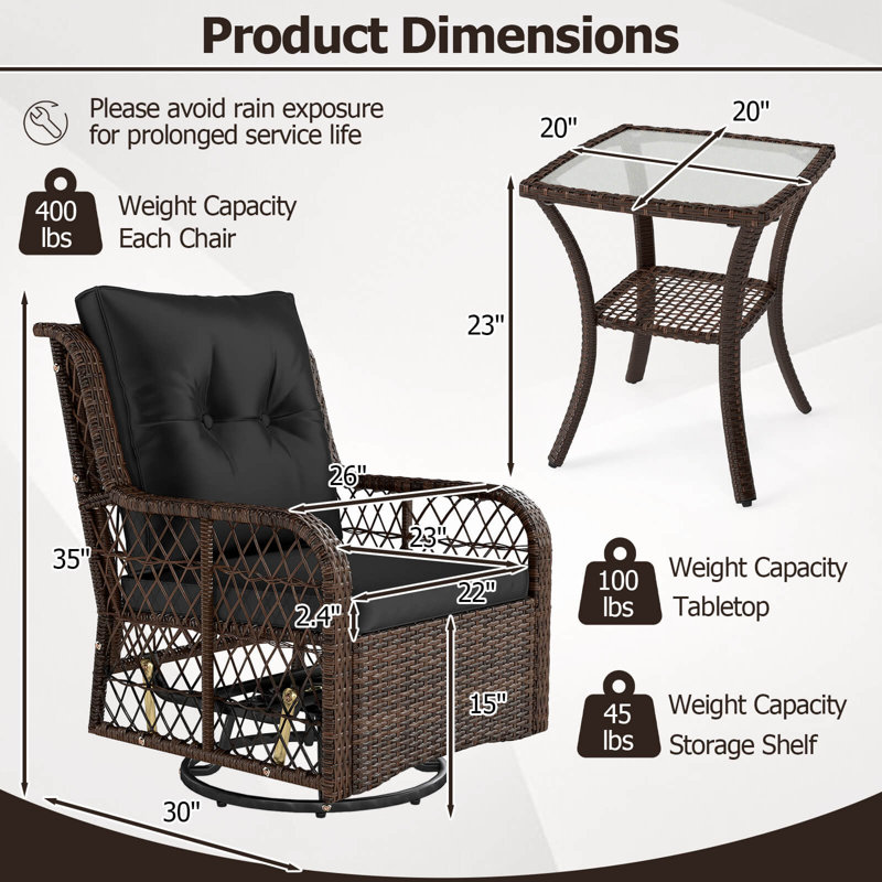 3 Pcs Patio Furniture Set With 2-tier Side Table And Cushions For Porch, Black