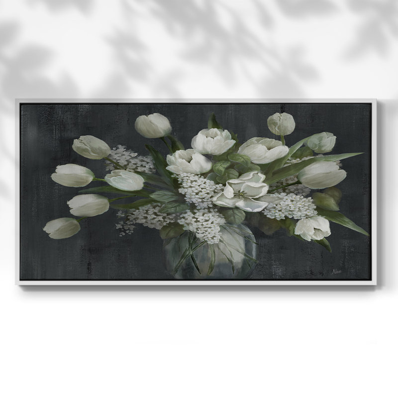 Tulipes et lilas - Toile tendue avec châssis tendue, prête à être accrochée, H 21 po x l 41 po, Blanc