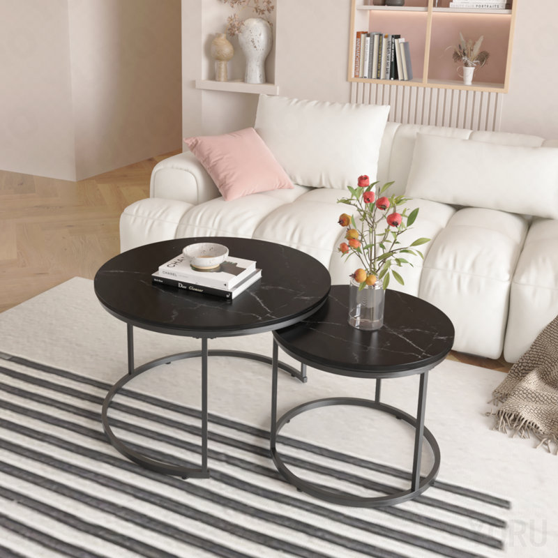 Ensemble de tables basses gigognes 2P 27,6 po - Motif de marbre de bois, structure en métal - Noir, Black