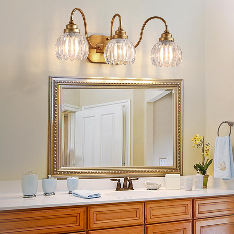 Mid Century 3-Light Crystal Glass Wall Sconce, Matte Vintage Bathroom Vanity Light Fixture, Gold
