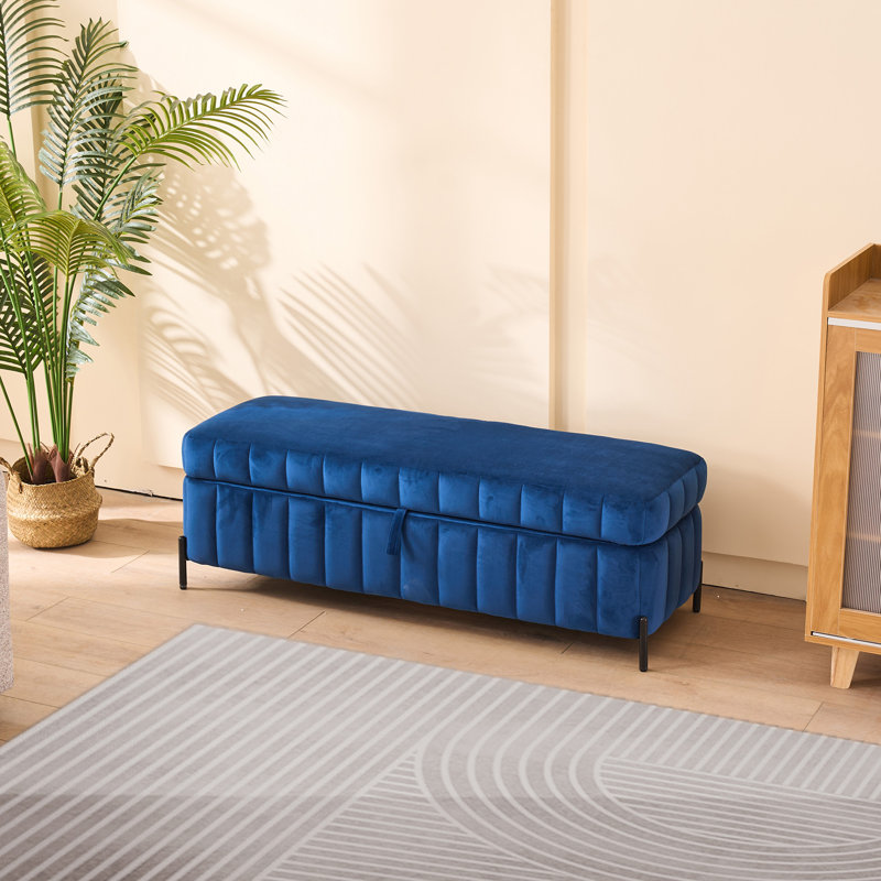 Colten Velvet Upholstered Ottoman with Hidden Storage, Navy
