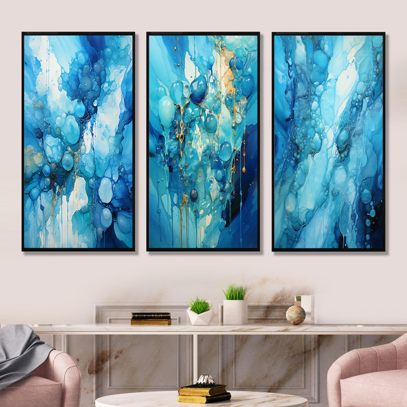 «Symphony White and Blue Drip», ensemble de 3 reproductions d'art sur toile, Cadre flottant noir, H 32 po x l 48 po