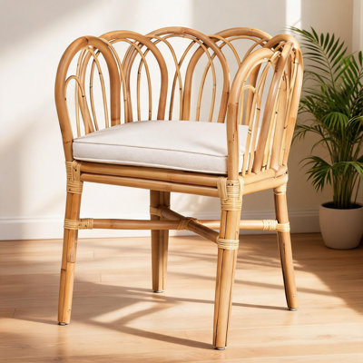 Single Seat Dining Chair Modern Contemporary Natural Rattan Soft White Accent Seating