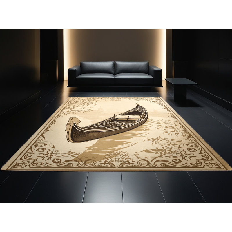 Machine Washable Maurice Gondola Boat Venice Classic Floral Rug in Beige – Beige Binding, 7x9
