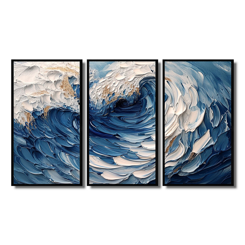 Daijanay - Ensemble d'art mural vagues côtières, Cadre flottant noir, H 32 po x l 48 po x P 1 po
