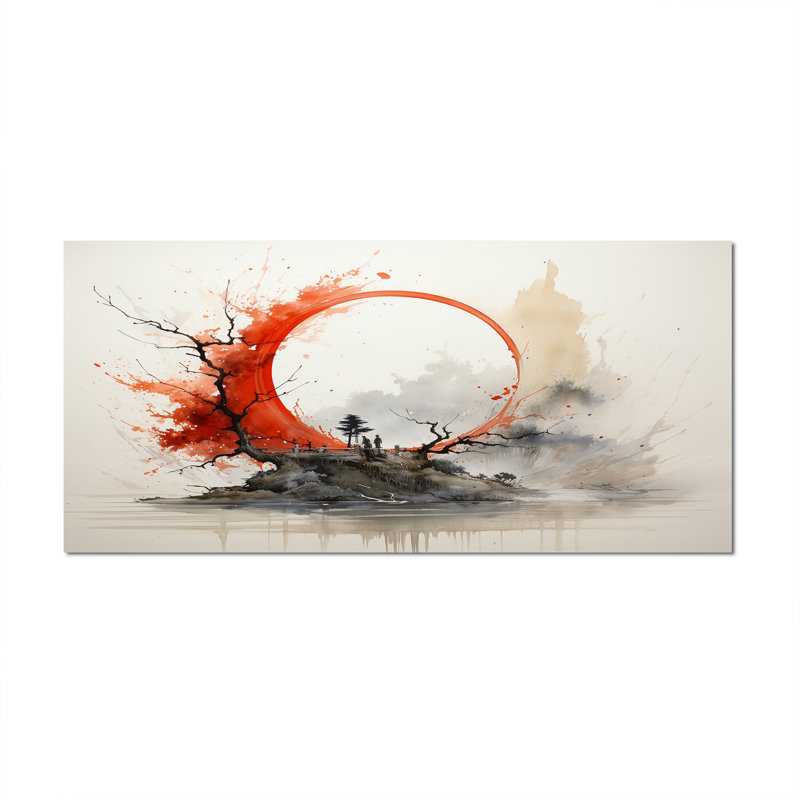Rouge et gris, art bouddhiste Enso Lumières - art mural bouddhisme, H 28 po x l 60 po x P 1,5 po, Toile tendue