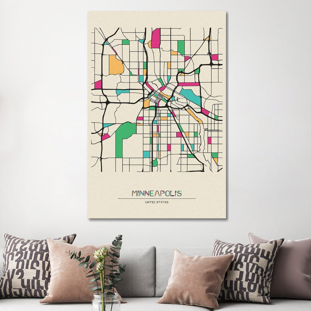 Minneapolis, Minnesota Map by Ayse Deniz Akerman - Wrapped Canvas Print