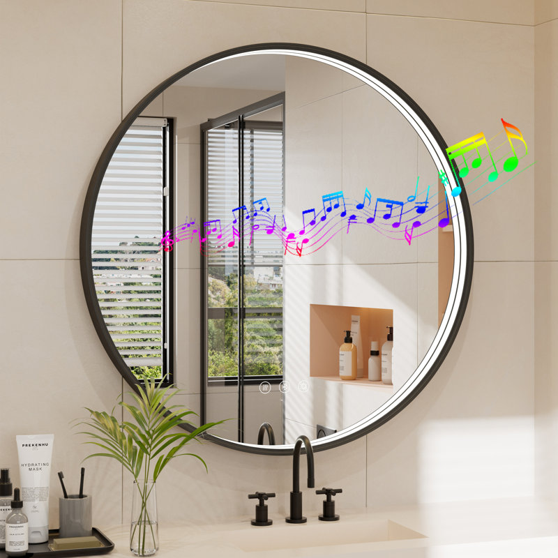 Miroir de salle de bain Bluetooth Bluetooth, 36 po x 36 po, Noir mat