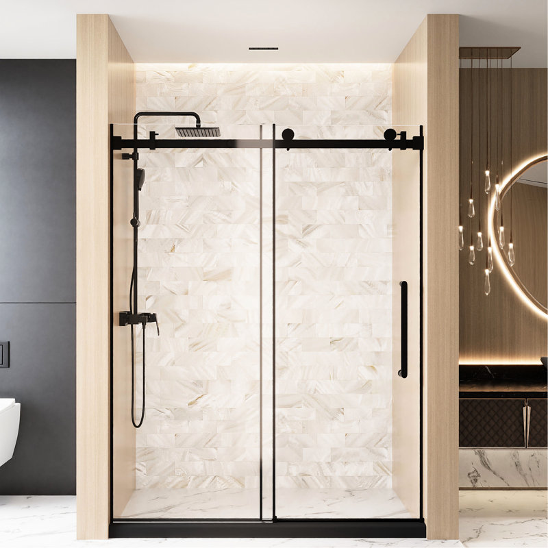 1/4 " 6 Mm  Clear Tempered Glass Single Sliding Shower Door 56 - 60 "W X 76" H, Film, Stainless Steel Square Tube Track, Matte Black, Handle For Bathroom In With Proof Track And