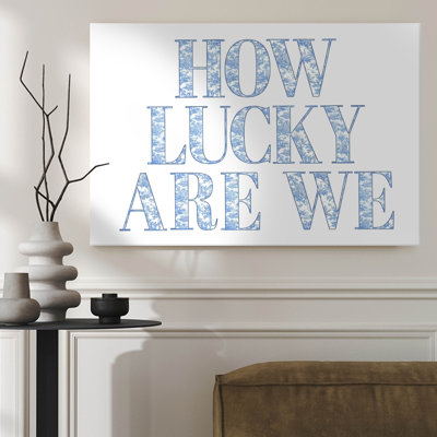 1Pc Framed Canvas Poster Print Typography design: "How Lucky Are We" text, Blue floral pattern art style. Wall Art Decor, Perfect for Room Decor Living Room Bedroom Office Kitchen Bathroom Home Decor, Ideal Home Wall Decoration Gift
