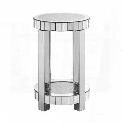 Round Mirror Side Table with Crystal Inlay and 2 Layers