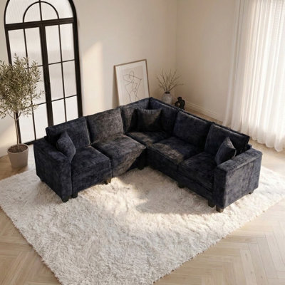 Canapé d'angle en L de 226 cm (89 po), canapé d'angle 5 places avec accoudoirs et rangement dissimulés, canapé d'angle Cloud confortable en chenille avec 3 coussins, canapés profonds modernes pour salon, noir