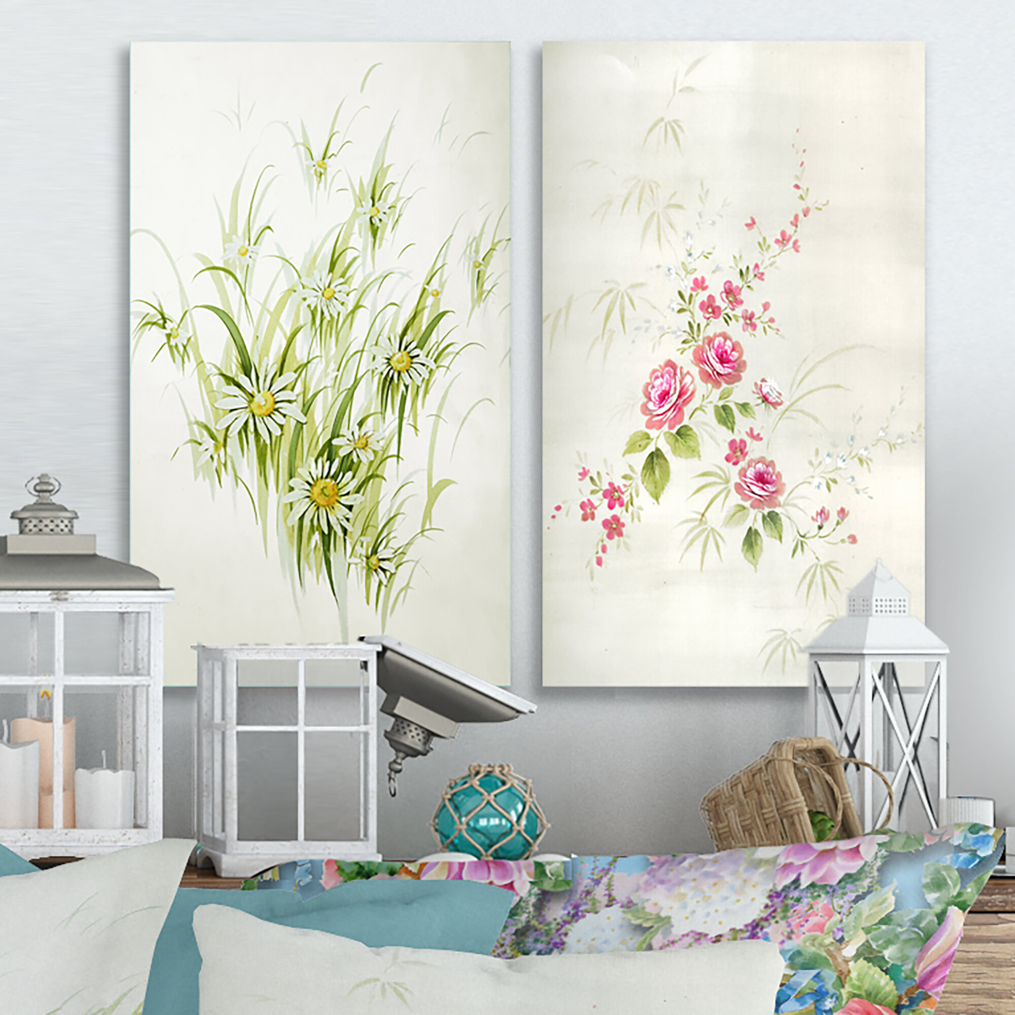 Bless international Retro Drawing Of Flowers I On Canvas 2 Pieces ...