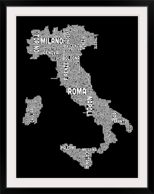 Francy «Italian Cities Map» par Michael Tompsett - reproduction d'art textuel, H 24 po x l 20 po x P 1 po, Cadre noir
