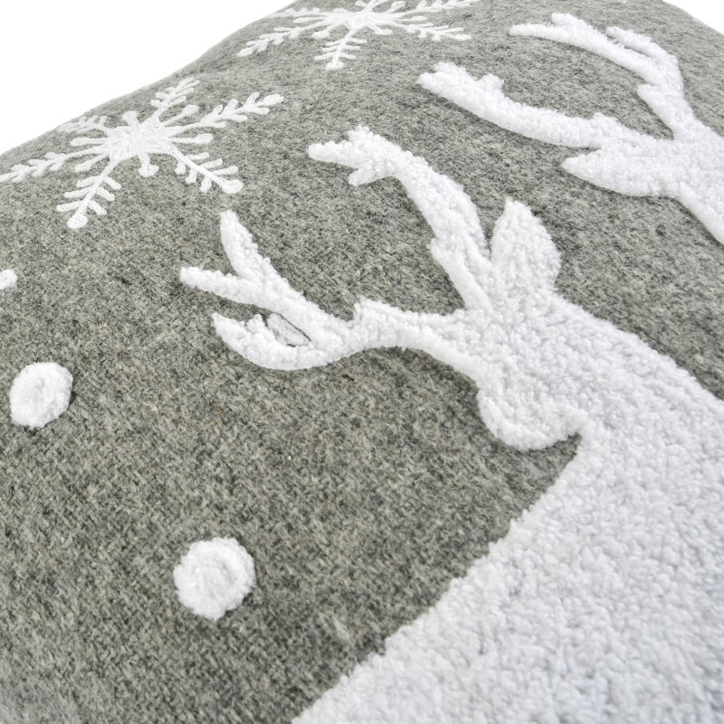18" Gray and White Embroidered Reindeer and Snowflakes Throw Pillow