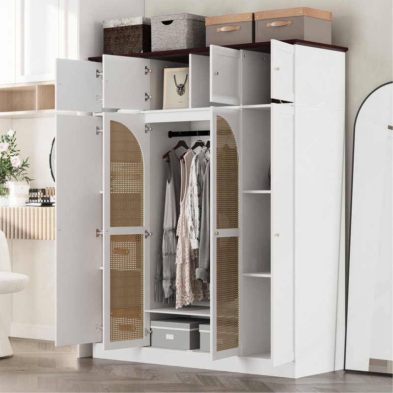 Armoire-penderie 8 portes de 180 cm de hauteur avec tringle et portes en rotin, blanche