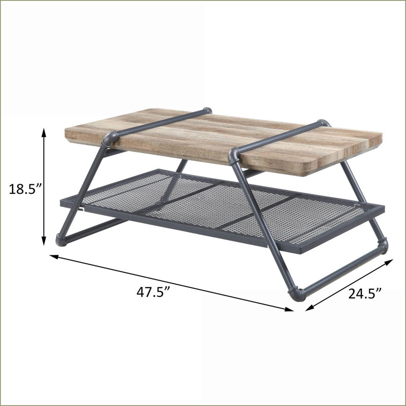 Table basse rustique en chêne et gris sable - Design robuste en bois-métal avec tablette en filet pour le salon