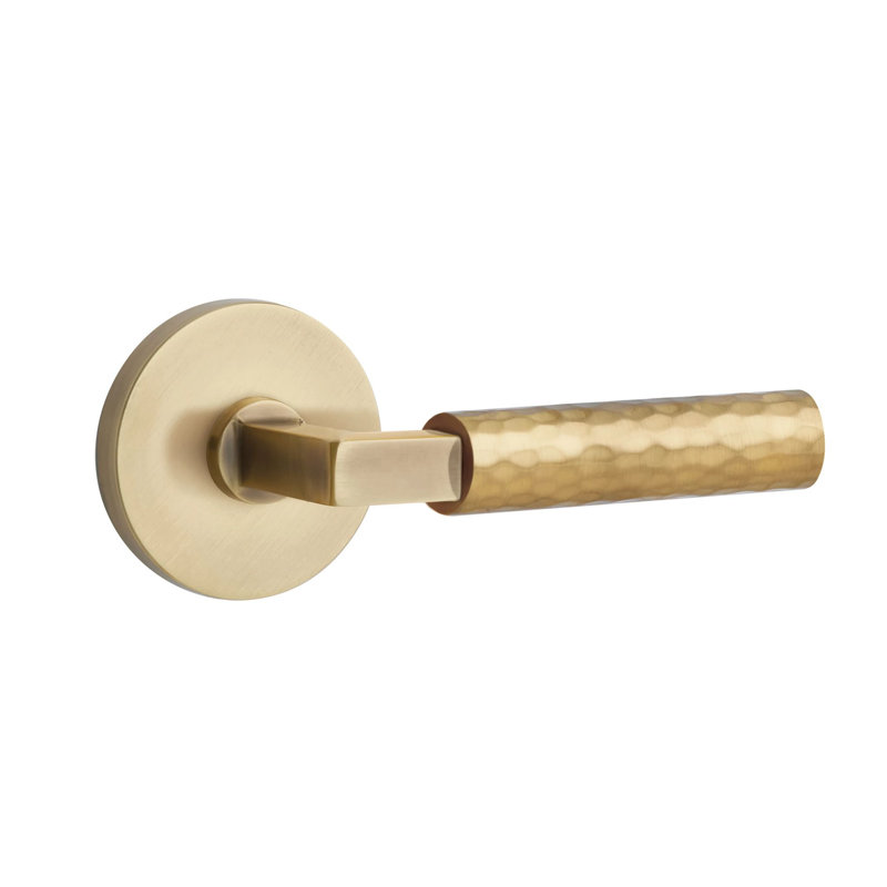 Mortaise intérieure Emtek Select avec rosette à disque et tige carrée en L, levier martelé, Gauche, Nickel poli