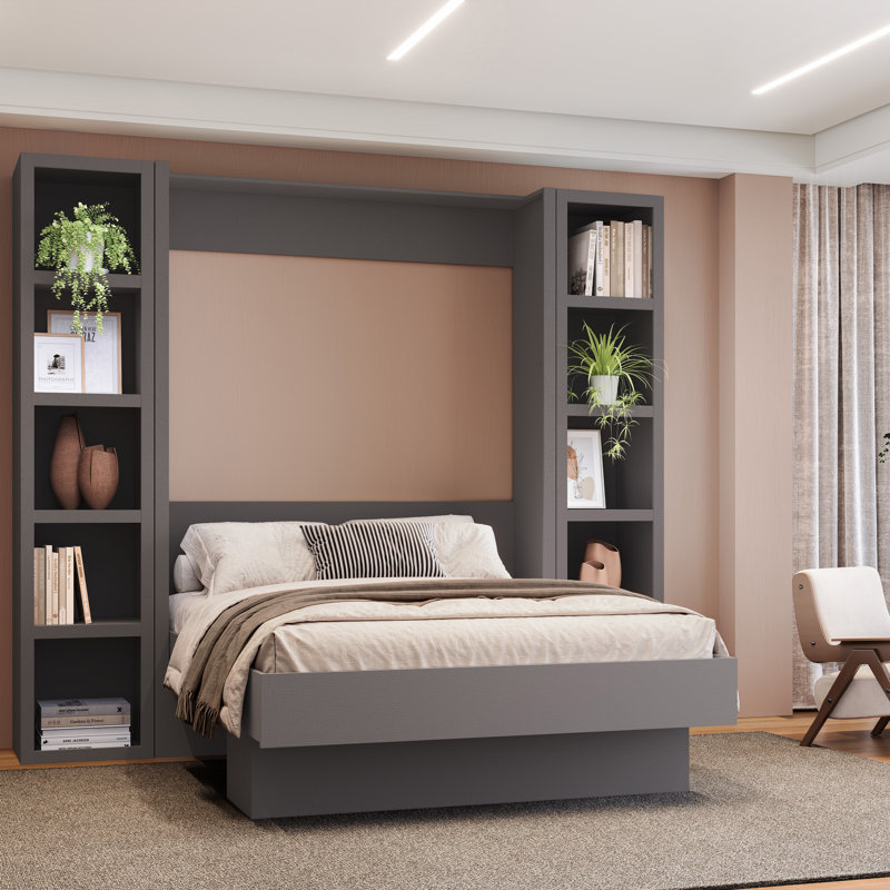 Easy-Lift Murphy Wall Bed in Wood Grain with Two Bookshelves, Ash, Full/Double