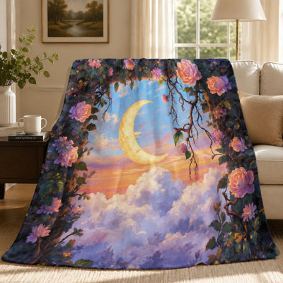 Dreamy Moon and Floral Arch Throw Blanket, Moon Rose Garland Floral Arch Celestial Pattern, Ultra Soft, Lightweight, Breathable, All-Season, Skin-Frie